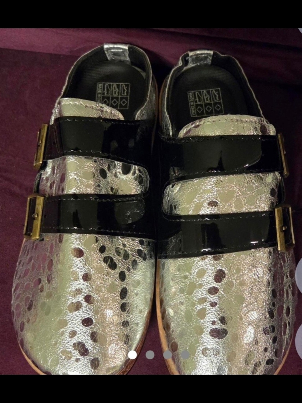 Women’s Metallic Silver Slip-On Shoes with Black Straps